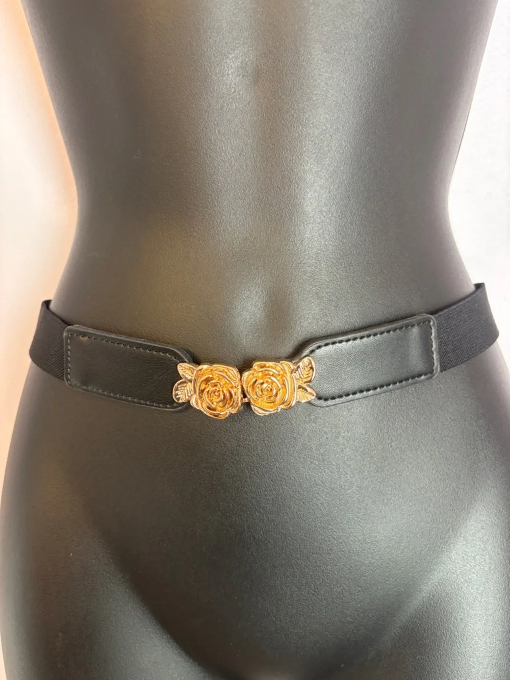 Unbranded Black Stretch Belt with Gold Metal Rose Hook Buckle